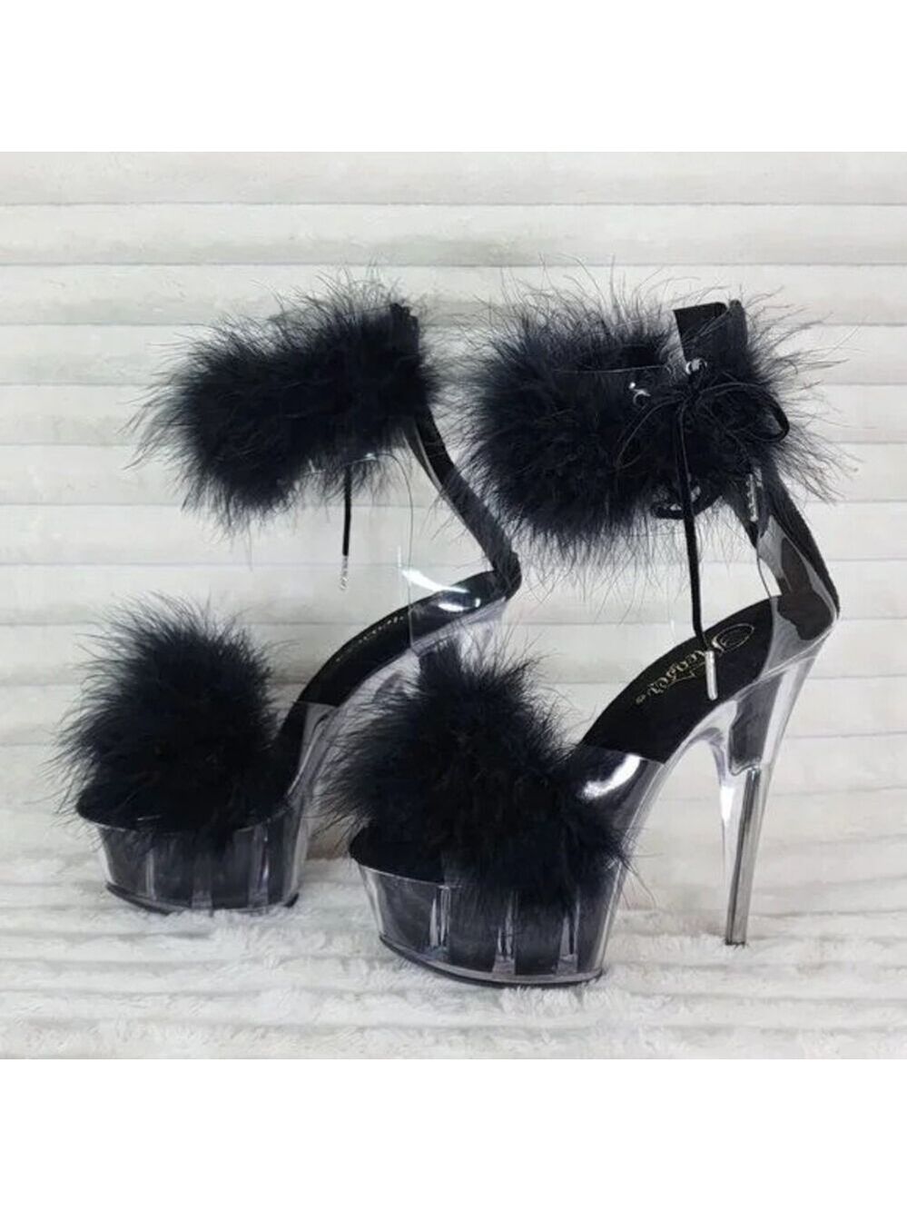 NIB Delight 624F Black Furry Marabou Feather 6" High Heel Platform Shoes NEW